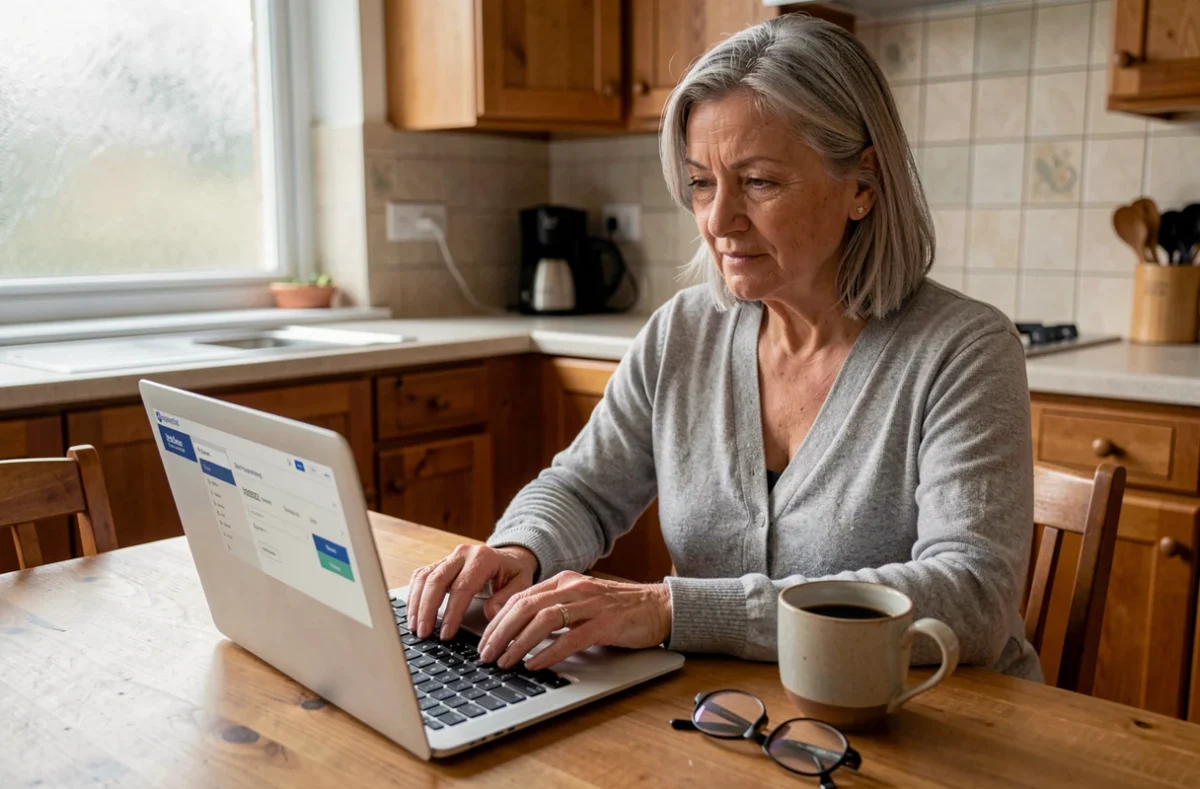 Donna matura che accede alla banca online tramite laptop nella cucina di casa, esempio di digitalizzazione bancaria