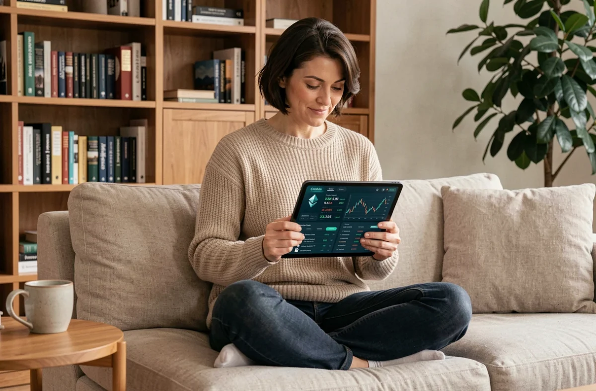 Donna che gestisce un portafoglio di criptovalute tramite tablet a casa