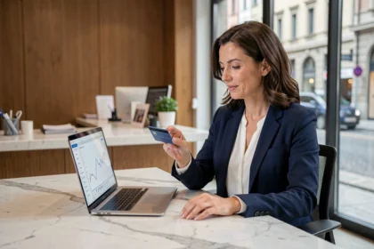 Donna professionista in una banca italiana che tiene una carta di credito contactless davanti a un laptop con grafici finanziari