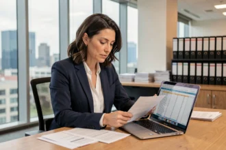 Professionista donna che esamina documenti fiscali e legge di bilancio 2026 alla scrivania in un moderno ufficio