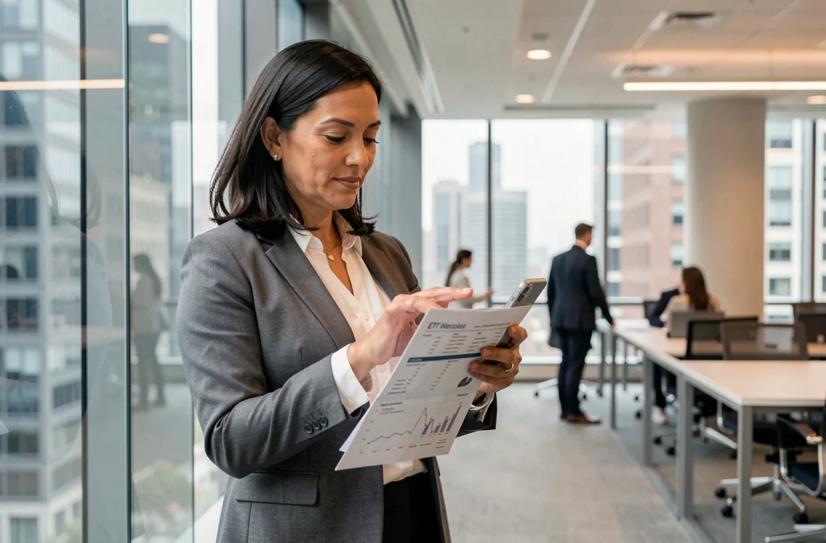 Donna professionista che consulta dati ETF su smartphone in un ufficio finanziario moderno