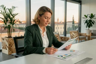 Professionista donna che analizza report sui fondi etici ESG in un ufficio moderno con vista sulla città italiana