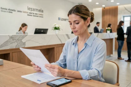 Donna che esamina documenti e app bancaria allo sportello di una banca italiana per un conto corrente a zero spese