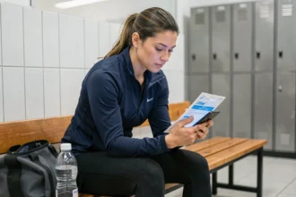 Donna sportiva che consulta una polizza assicurativa infortuni sul proprio smartphone in uno spogliatoio palestra