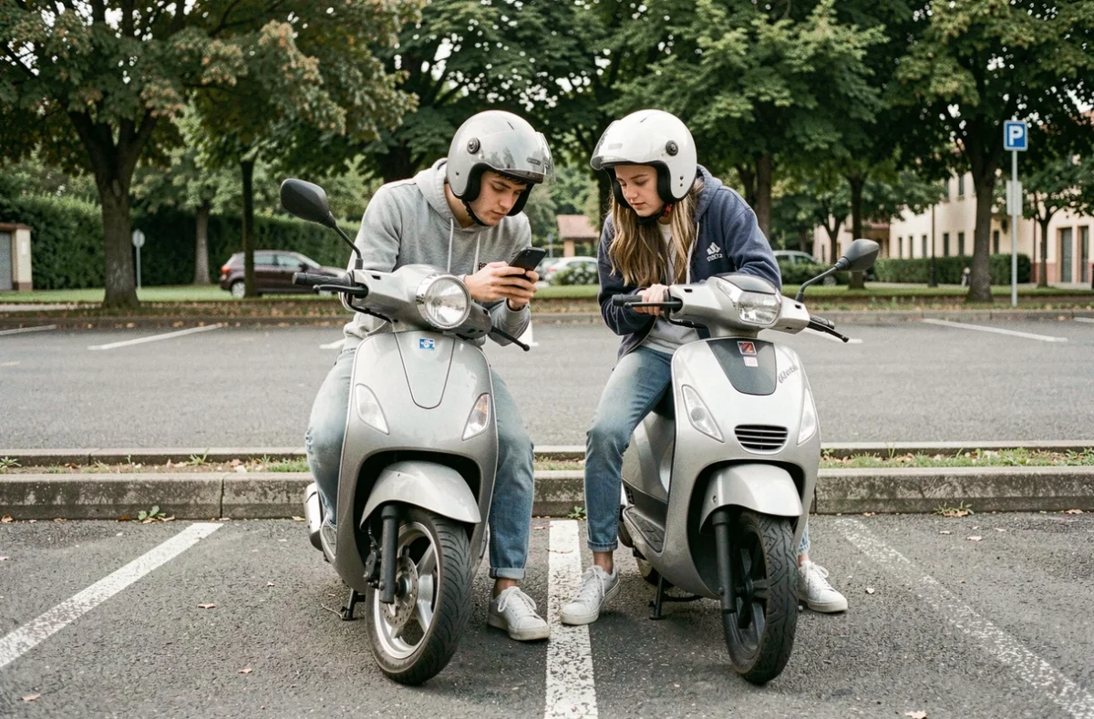 Due giovani guidatori confrontano informazioni sull'assicurazione ciclomotori tramite smartphone nel parcheggio