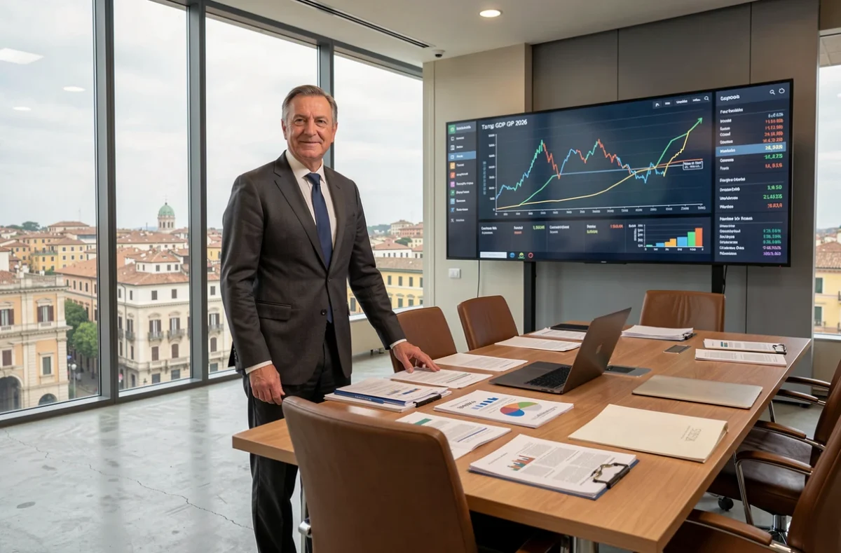Economista italiano davanti a schermo con dati e previsioni del PIL italiano per il 2026 in sala conferenze a Roma