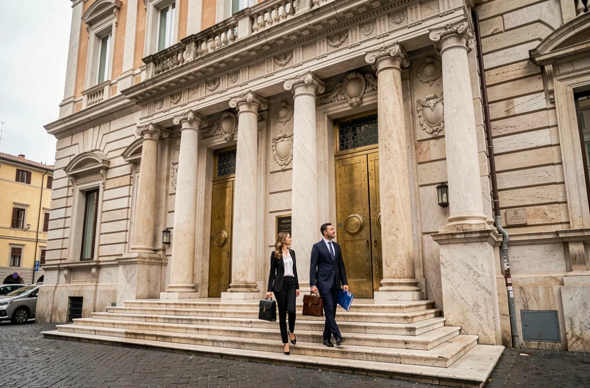Professionisti in abito formale salgono i gradini di un edificio bancario istituzionale classico in un centro urbano italiano