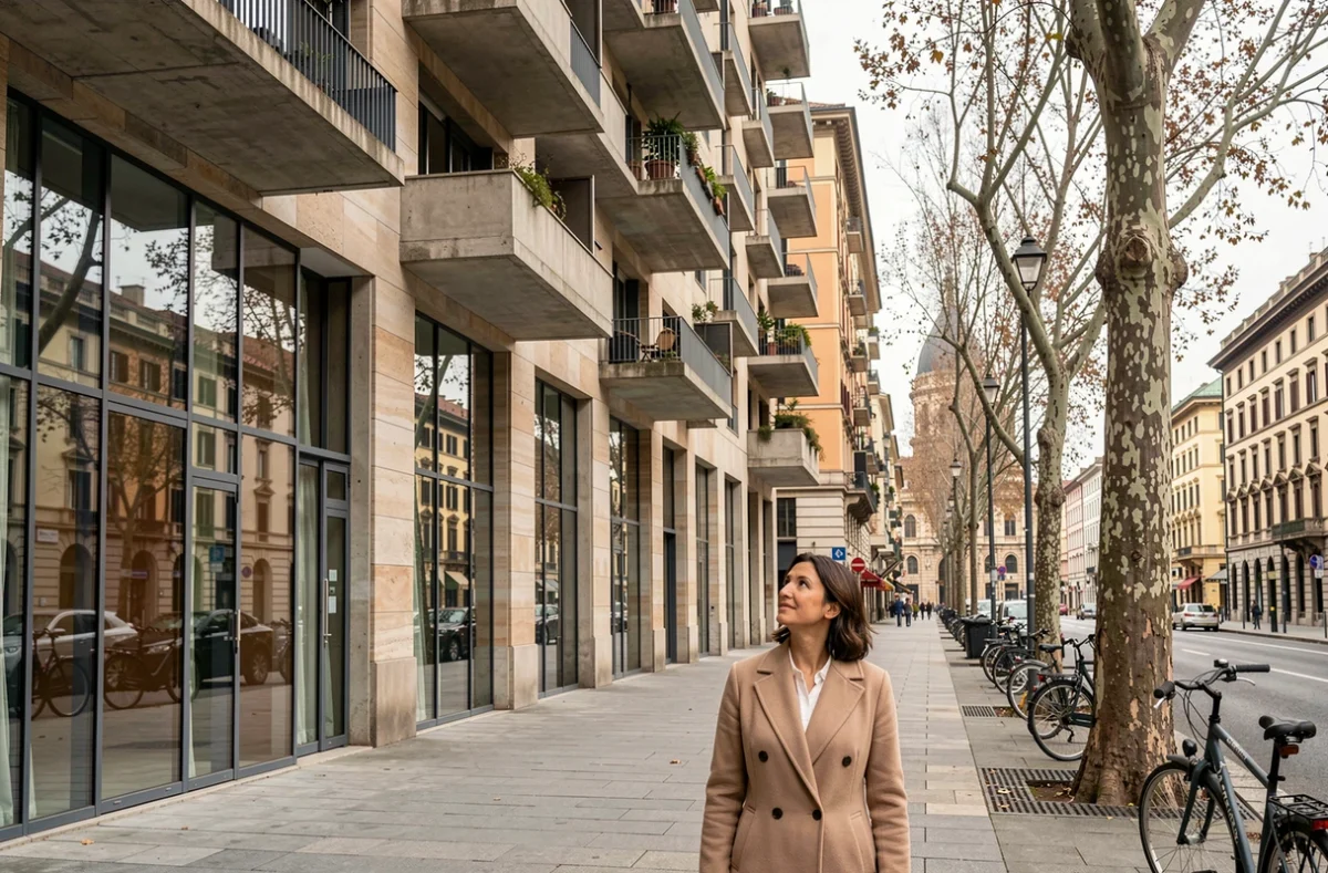 Donna che osserva un edificio residenziale ristrutturato a Milano nel contesto del mercato immobiliare 2026