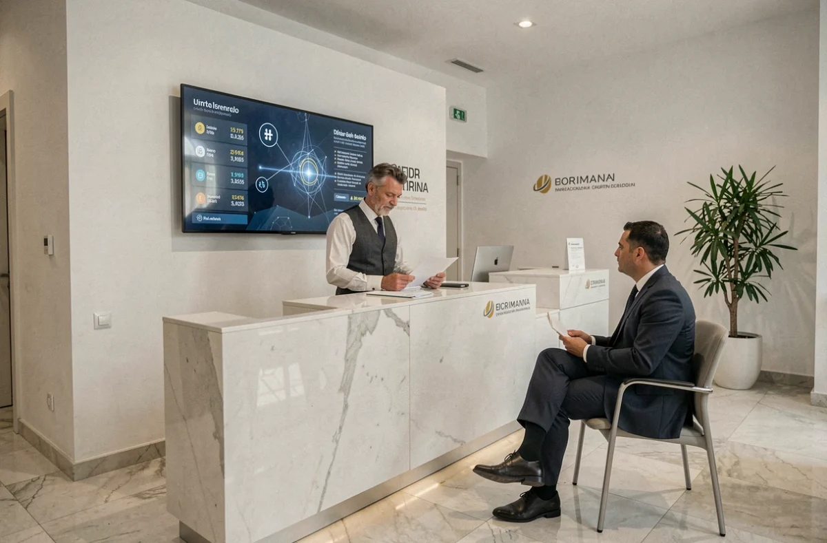 Interno di una filiale bancaria italiana moderna a Torino con schermo digitale che mostra quotazioni di criptovalute e operatore bancario al bancone