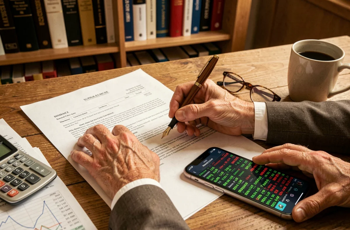 Primo piano di mani che firmano un contratto assicurativo accanto a uno smartphone con quotazioni di borsa in tempo reale su una scrivania in legno