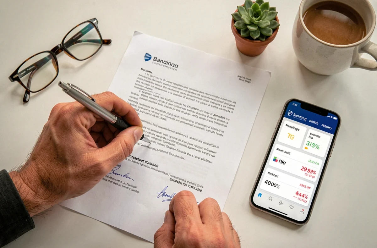 Mani che firmano un contratto di mutuo accanto a smartphone con confronto offerte bancarie italiane 2026