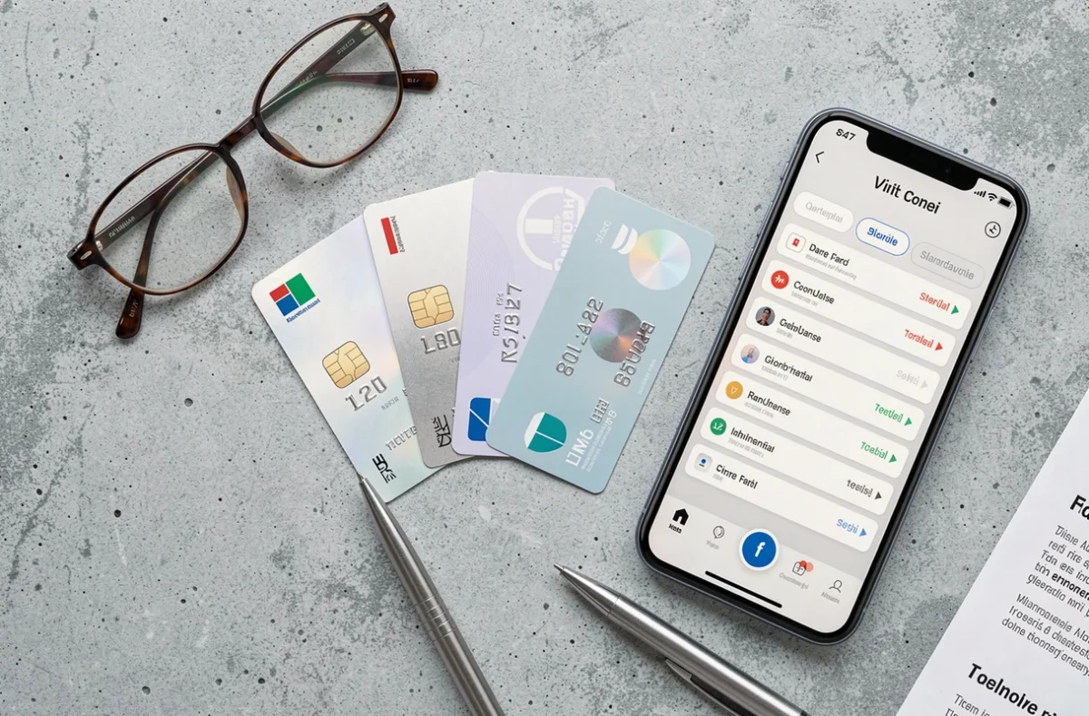 Flat lay di carte di credito italiane, smartphone con app bancaria e estratto conto su superficie in cemento grigio