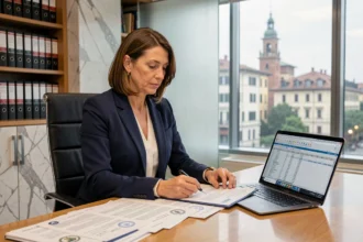 Funzionaria bancaria esamina documenti normativi antiriciclaggio alla scrivania in un ufficio istituzionale formale