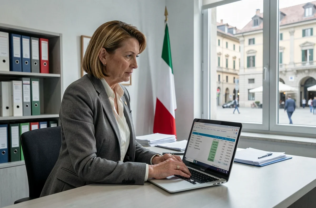 Funzionaria italiana in ufficio pubblico che analizza i calcoli pensionistici per la riforma della legge di bilancio 2026