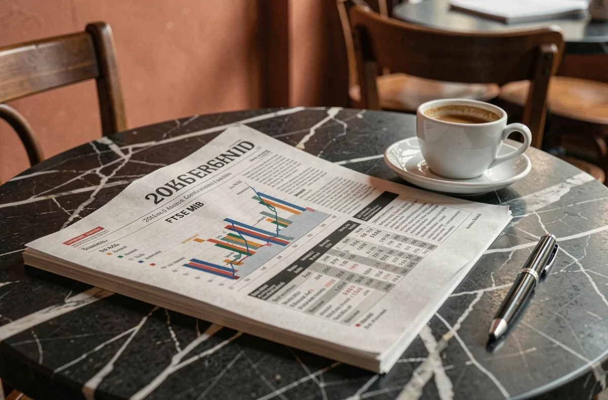 Giornale finanziario italiano aperto su un tavolo di marmo con grafici degli indici di Borsa e un caffè espresso