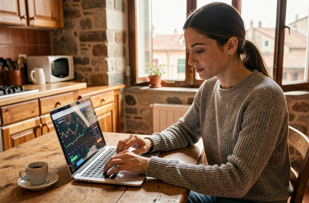 Giovane donna italiana che controlla un'app di trading di criptovalute con laptop e smartphone in un appartamento romano
