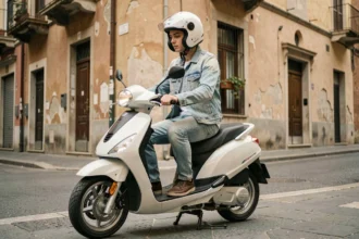 Giovane guidatore con casco omologato seduto su un ciclomotore 50cc parcheggiato in un contesto urbano italiano