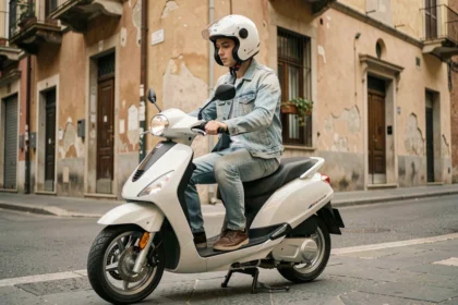 Giovane guidatore con casco omologato seduto su un ciclomotore 50cc parcheggiato in un contesto urbano italiano