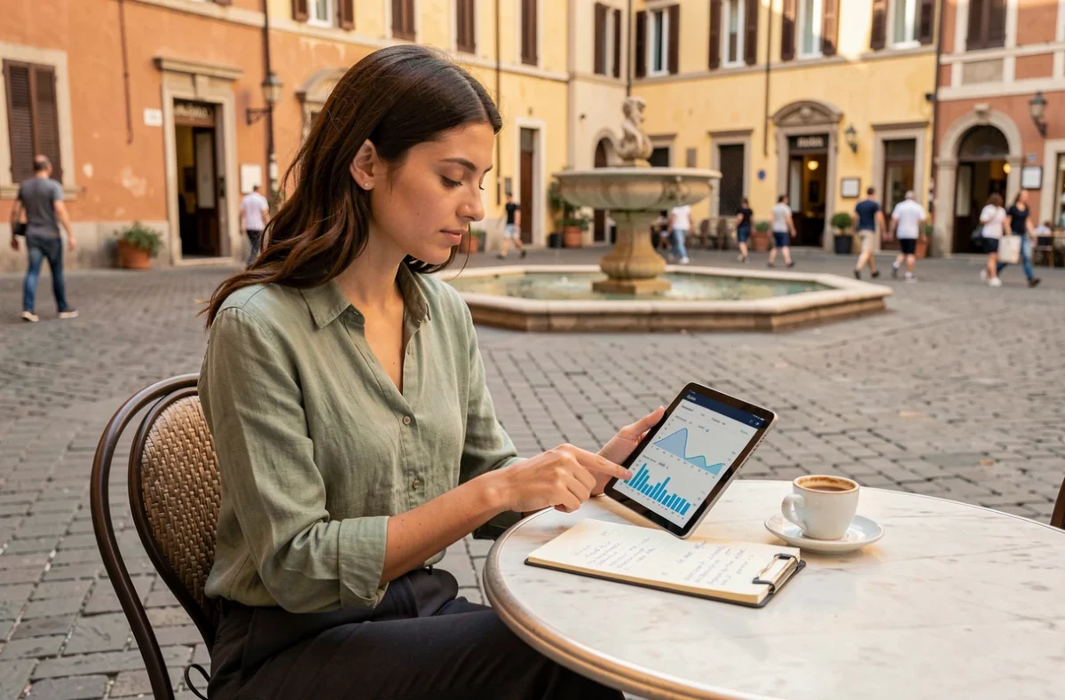 Giovane imprenditrice italiana lavora su strategie digitali per PMI con tablet in una piazza storica italiana