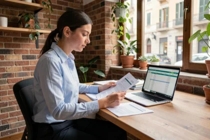 Giovane imprenditrice che esamina documenti per una richiesta di microcredito in un ufficio coworking moderno