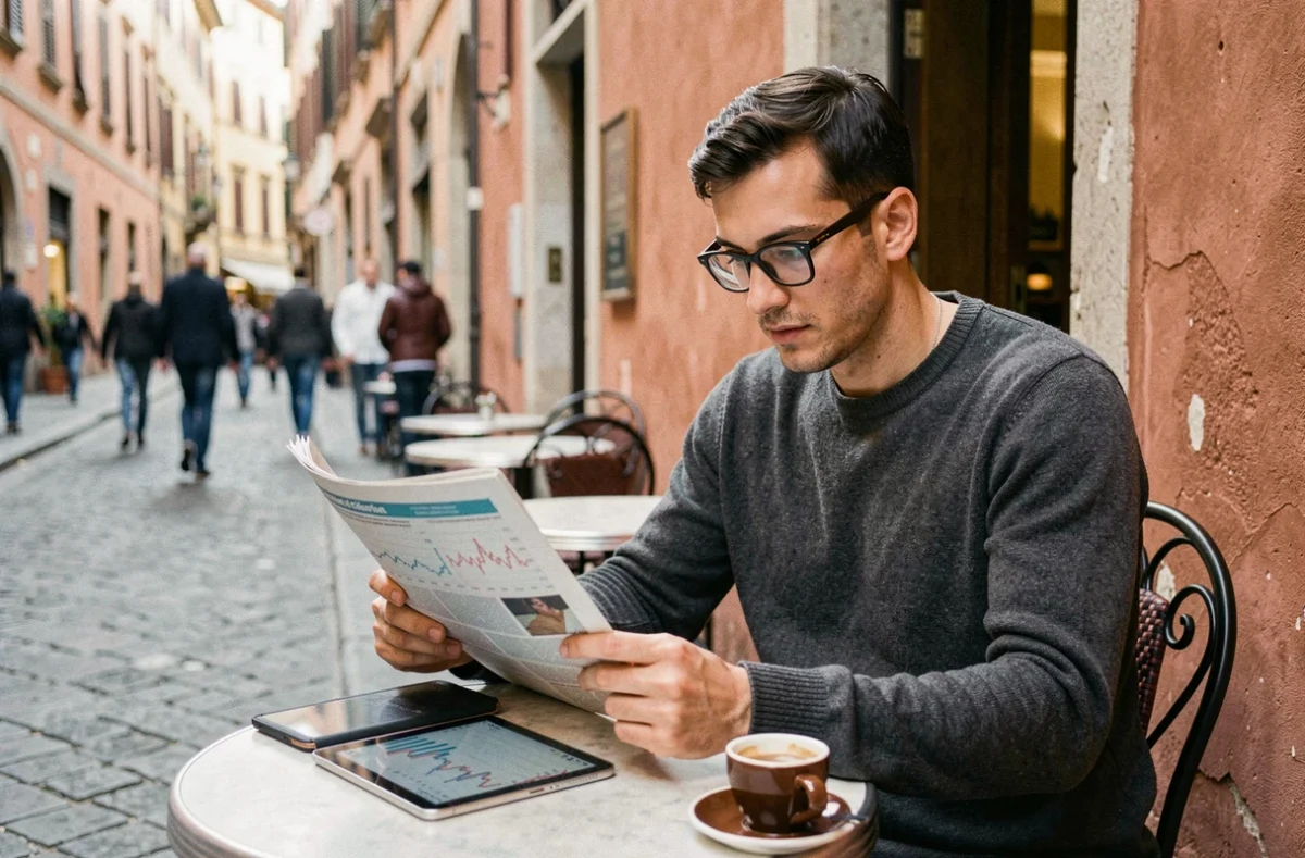 Giovane italiano che legge previsioni economiche italiane per il 2026 al tavolino di un caffè storico a Firenze