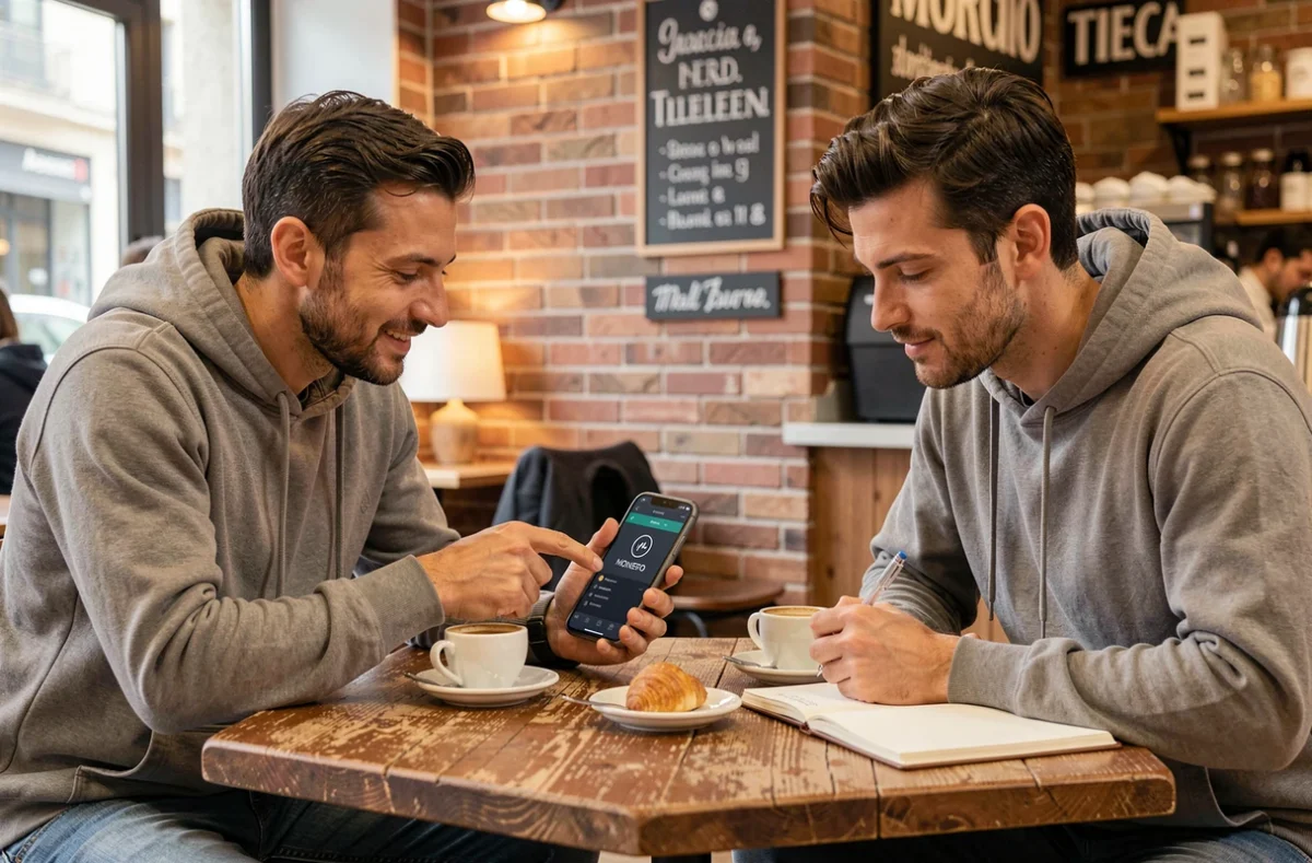 Due giovani italiani discutono di Monero e portafoglio digitale in un bar di Milano