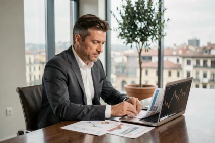 Imprenditore italiano in abito elegante che esamina grafici su Bitcoin e documenti assicurativi in un ufficio moderno a Milano
