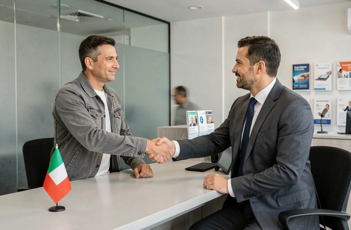 Imprenditore e consulente bancario si stringono la mano durante una riunione per un prestito di microcredito