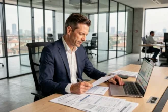 Imprenditore italiano in abito elegante esamina documenti di finanziamento aziendale in un ufficio moderno a Milano