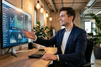 Giovane imprenditore italiano che analizza grafici di criptovalute in uno spazio co-working moderno a Milano