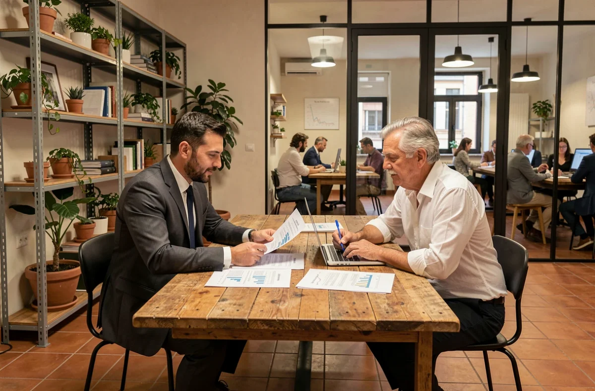 Due imprenditori italiani analizzano report finanziari post-pandemici in uno spazio di co-working industriale