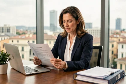 Imprenditrice italiana che esamina un documento di assicurazione professionale alla scrivania in un ufficio moderno con vista sulla città