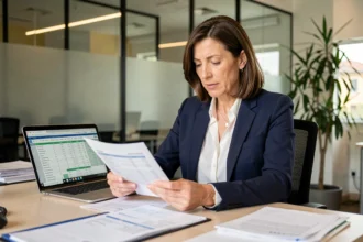 Imprenditrice italiana che esamina documenti fiscali in un ufficio moderno, in riferimento al credito d'imposta 2026 per le imprese