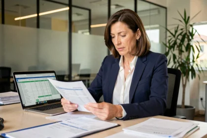 Imprenditrice italiana che esamina documenti fiscali in un ufficio moderno, in riferimento al credito d'imposta 2026 per le imprese