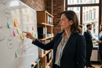 Imprenditrice italiana illustra strategie di business su una lavagna in un ufficio di PMI moderna con vista urbana