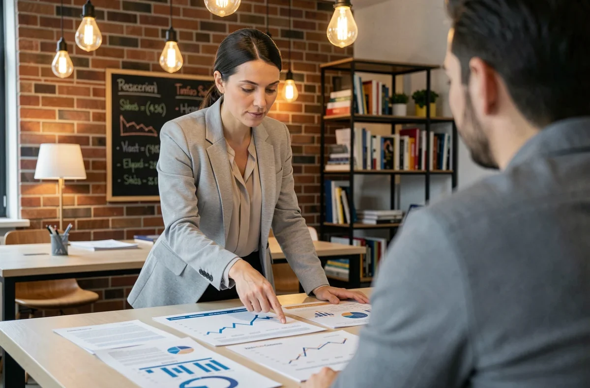 Imprenditrice che presenta strumenti di finanziamento per PMI in uno spazio di co-working con report finanziari stampati