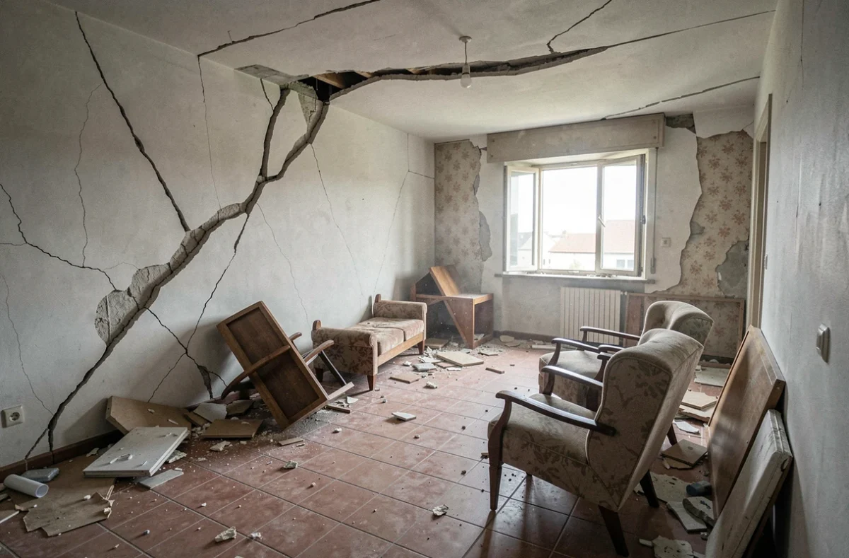 Interno di un appartamento gravemente danneggiato da un terremoto con muri crepati, macerie e mobili rovesciati
