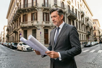 Uomo d'affari italiano in abito scuro con progetti architettonici davanti a un elegante palazzo milanese, investimento immobiliare