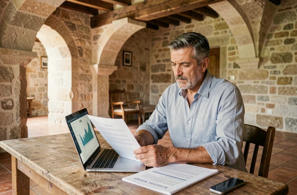 Investitore immobiliare che analizza dati del mercato case vacanza Italia 2026 su laptop e documenti cartacei all'interno di una masseria in pietra in Puglia