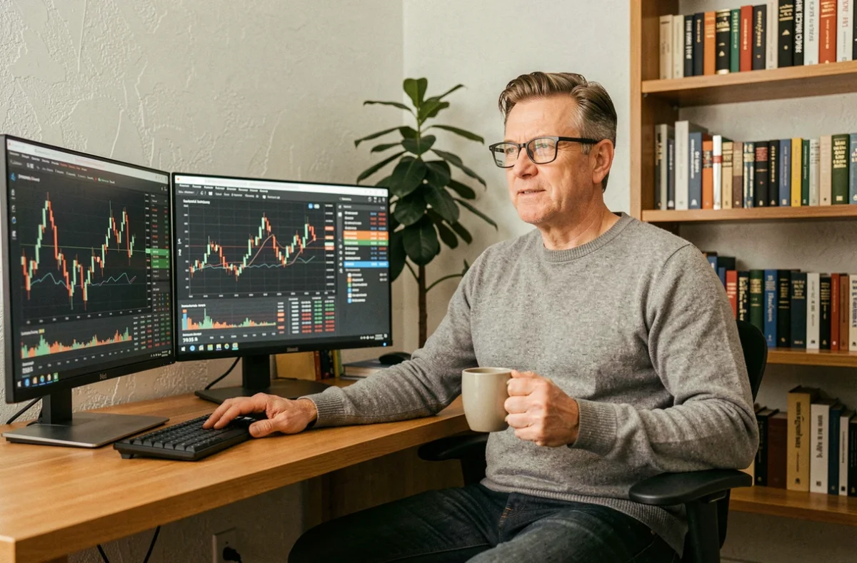 Investitore privato che monitora titoli azionari su doppio monitor in un home office moderno e organizzato