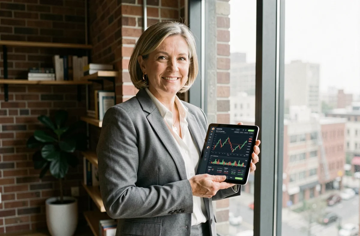 Investitrice che consulta un dashboard di trading Litecoin su tablet, con grafici di criptovalute e portafoglio digitale, in uno spazio di co-working moderno