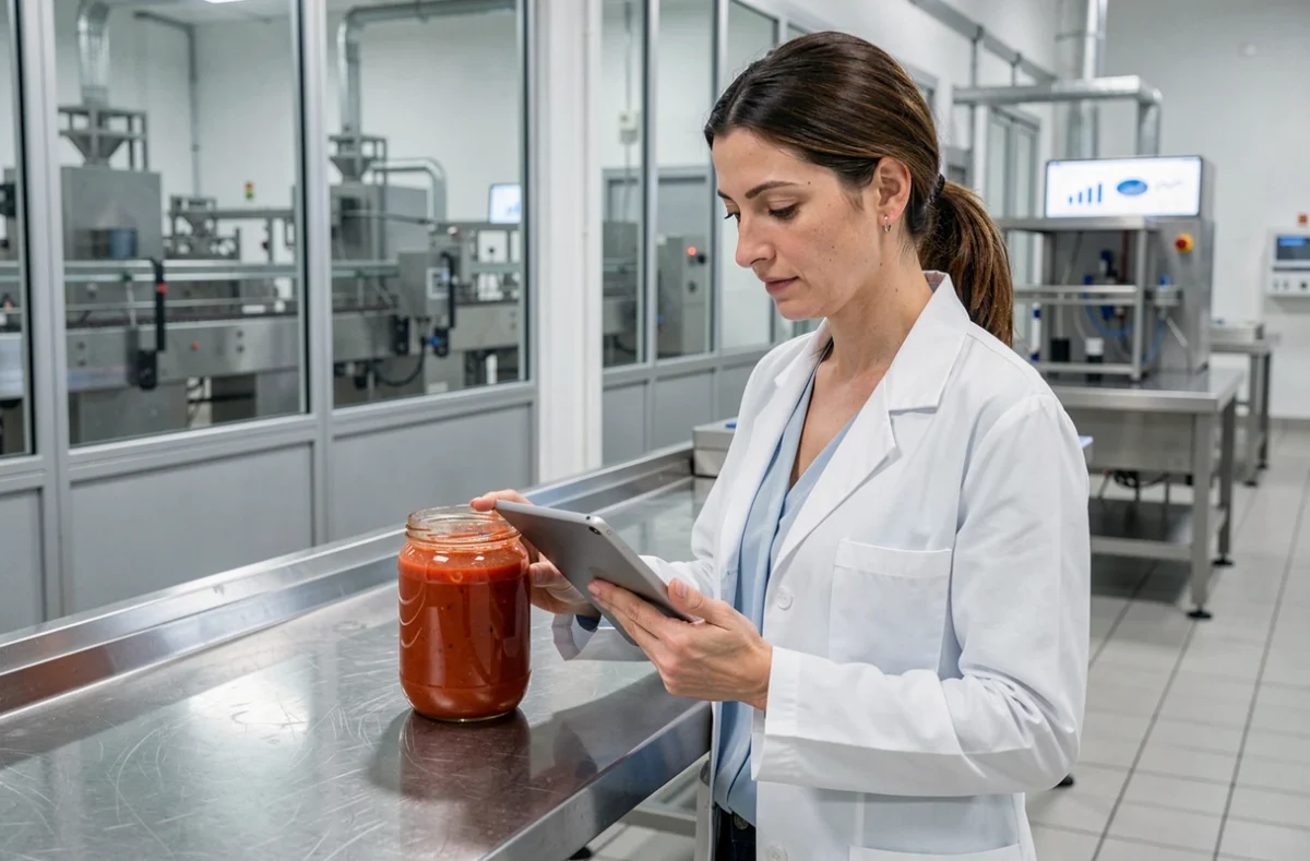Ricercatrice in laboratorio agroalimentare italiano che analizza la qualità di prodotti trasformati, innovazione nel business agricolo