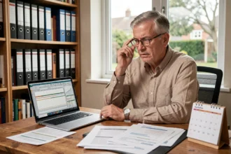 Lavoratore autonomo di mezza età seduto alla scrivania di casa, circondato da documenti finanziari e un laptop, mentre pianifica il pensionamento anticipato nel 2026