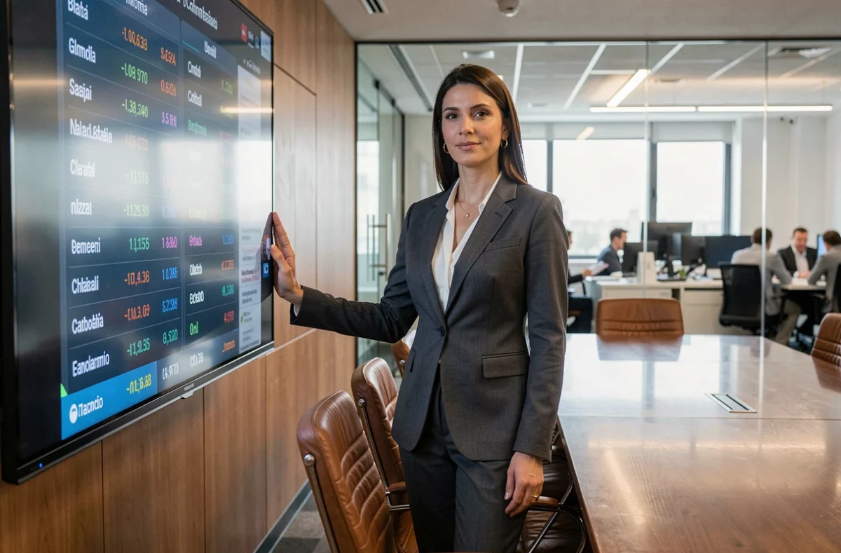 Manager donna di una start-up crypto italiana in sala riunioni davanti a uno schermo interattivo con dati blockchain