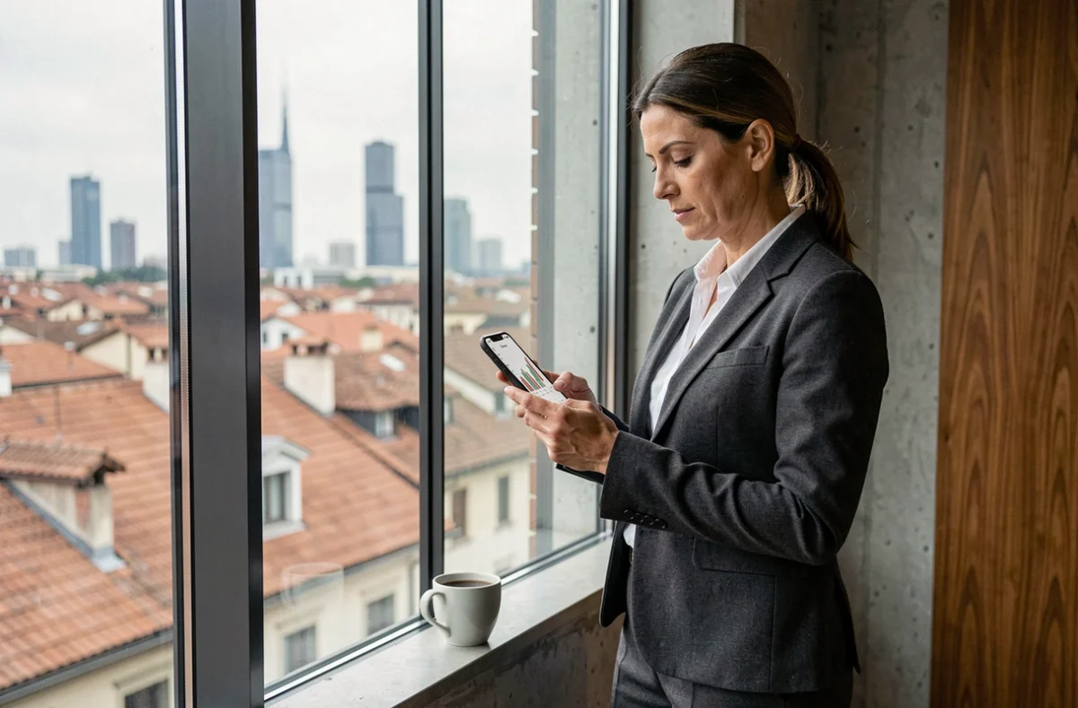 Manager finanziaria italiana analizza le performance azionarie del primo trimestre 2026 su smartphone con vista su Milano