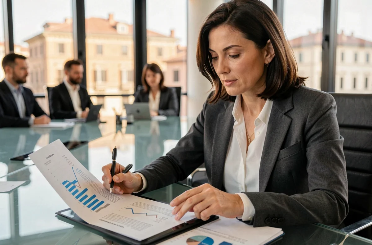 Manager finanziaria italiana che analizza report di crescita trimestrale della Borsa Italiana in una sala riunioni a Roma