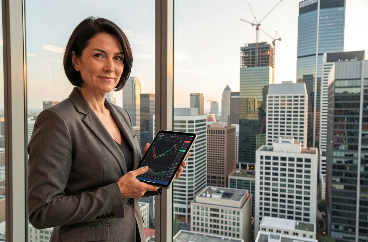 Manager finanziaria con tablet che monitora borsa e criptovalute davanti a skyline urbano in ufficio moderno