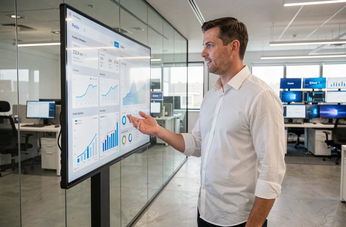 Manager fintech che analizza dati bancari digitali su grande schermo interattivo in ufficio moderno
