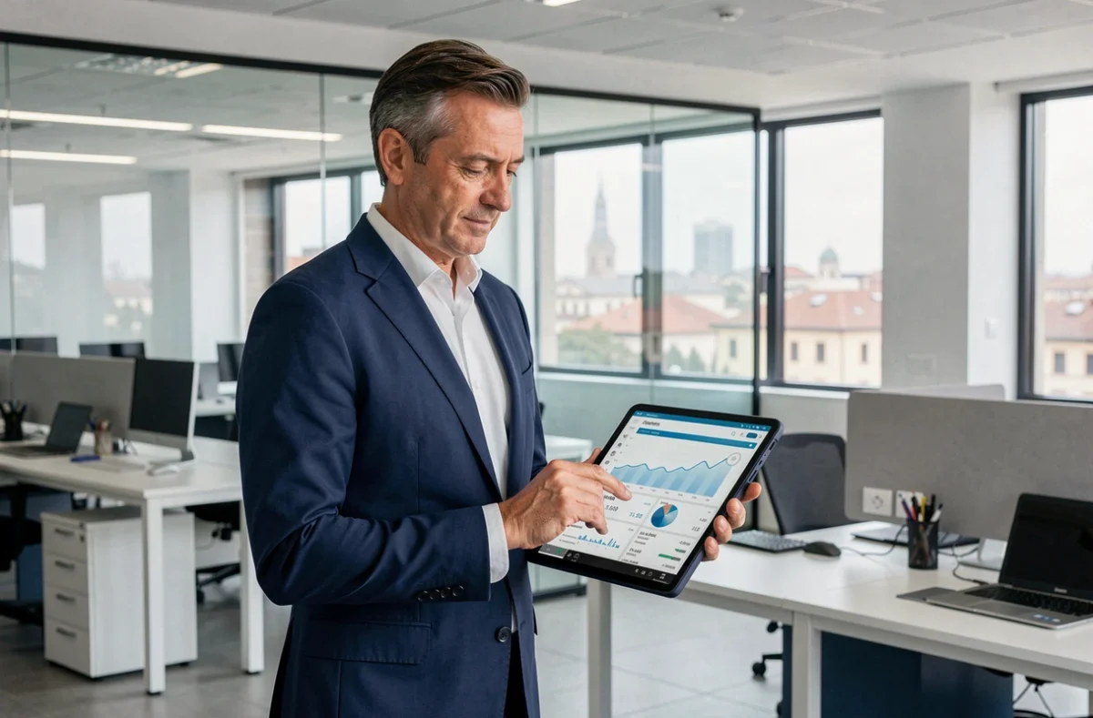 Manager italiano con tablet che visualizza dashboard di mobile banking in ufficio moderno a Roma