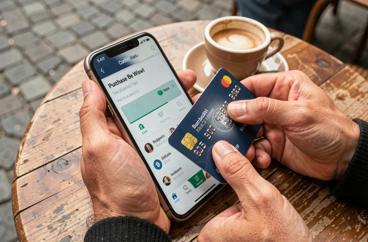 Mani con smartphone e carta di credito per acquisto Bitcoin in un bar romano